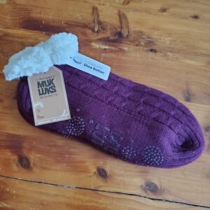 NEW Muk Luks ankle slipper socks burgundy white fleece chenille non-slip L XL